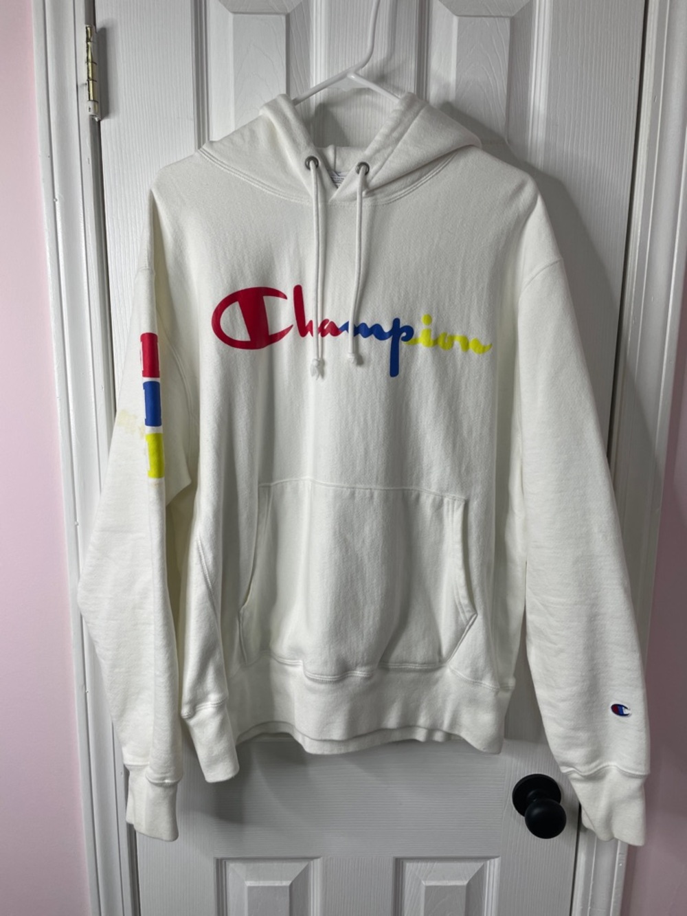 Champion White Hoodie Reverse Weave Size Large